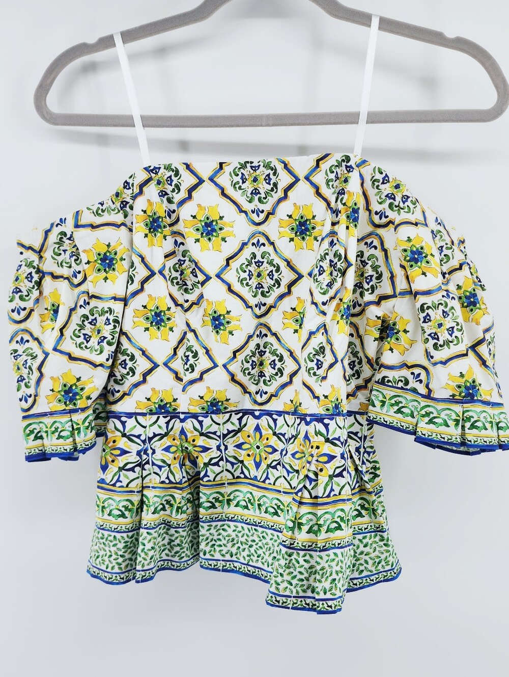 Antonio Melani Majolica Tile Print Off-Shoulder Peplum Top Blue Yellow Size 12